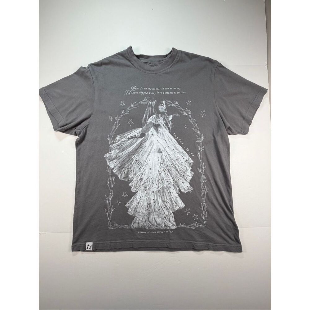 Taylor Swift Folklore August Lyrics Graphic Tee Gray Shirt w Gems Large Rare
